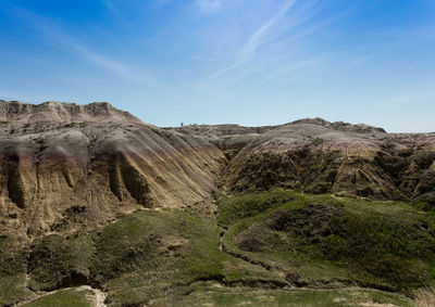 Scenic view of rocky mountains against blue sky