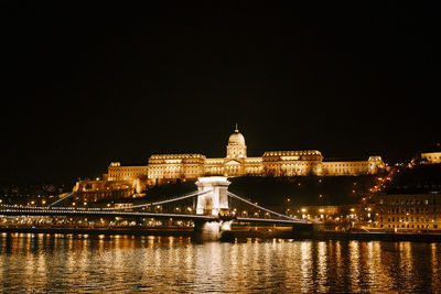 Illuminated bridge over river at night