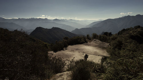 High angle view of mountains against sky