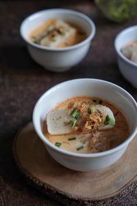 High angle view of soup in bowl on table