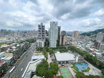 High angle view of cityscape against sky