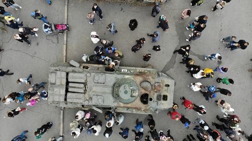 High angle view of people on street