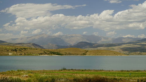 Scenic view of lake and mountains against sky