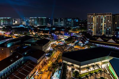 High angle view of illuminated buildings at night