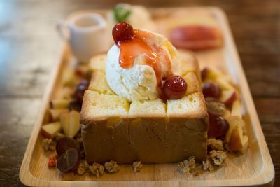 Close-up of dessert in plate on table