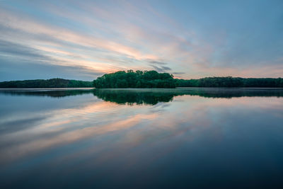 Scenic view of lake against sky at sunset