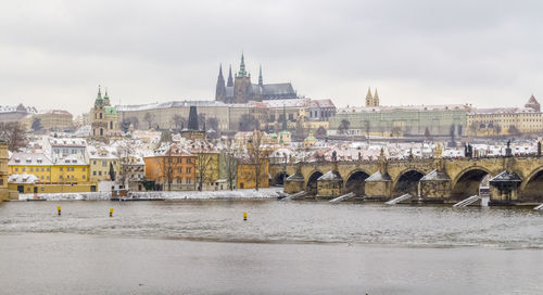 Buildings by river against sky in city