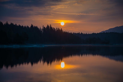 Reflection of sun in lake during sunset