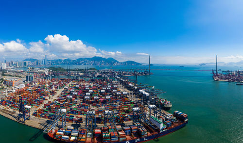 High angle view of commercial dock against sky