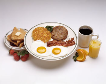 High angle view of breakfast served on table