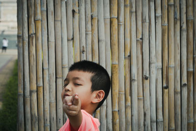 Portrait of cute boy gesturing against bamboo fence