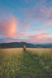 Rear view of woman walking on field against sky during sunset