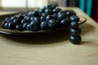 Close-up of blueberries in plate