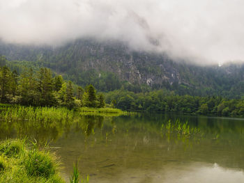 Scenic view of lake by trees against mountains