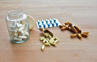 High angle view of candies on table