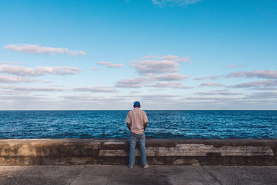 Rear view of man looking at sea against sky