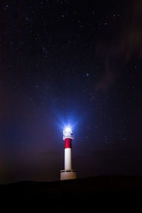 Illuminated lighthouse against sky at night