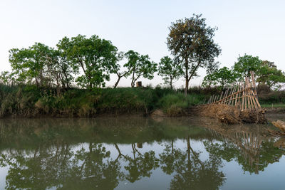 Reflection of trees in lake against sky