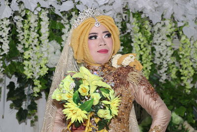 Close-up of bride looking away during wedding ceremony