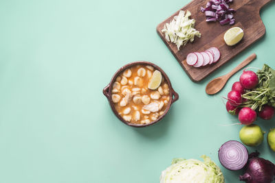 High angle view of fruits on table