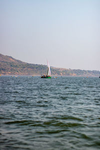 Sailboat sailing on sea against clear sky