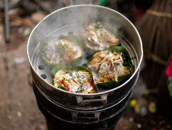 High angle view of meat in cooking pan