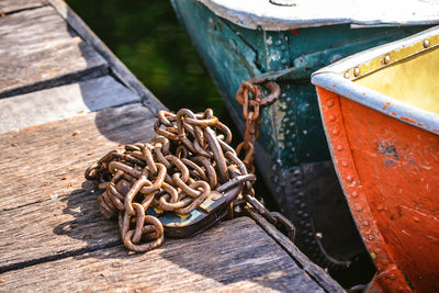 High angle view of rope tied on pier