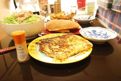 Close-up of food served on table