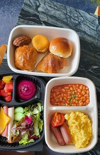 High angle view of breakfast on table