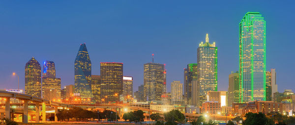 Illuminated cityscape against clear blue sky