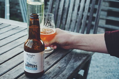 Close-up of beer glass on table