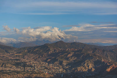 Scenic view of mountains against cloudy sky