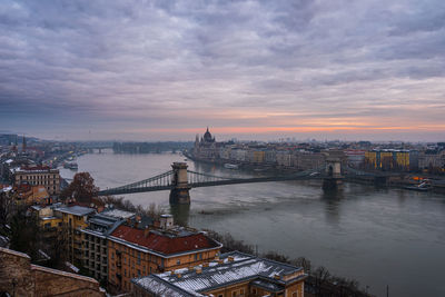 Aerial view of bridge over river against cloudy sky