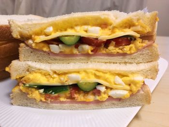 Close-up of sandwich served on table