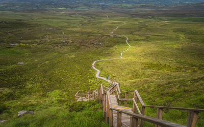 High angle view of road amidst field