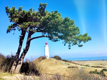 Lighthouse amidst trees on field against sky