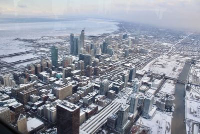 High angle view of modern buildings in city