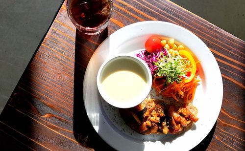 High angle view of breakfast served on table