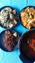 High angle view of food served on table