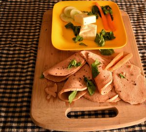 High angle view of food served on table