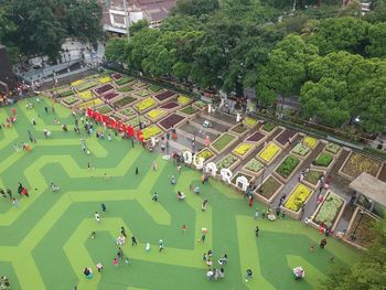 High angle view of people in city