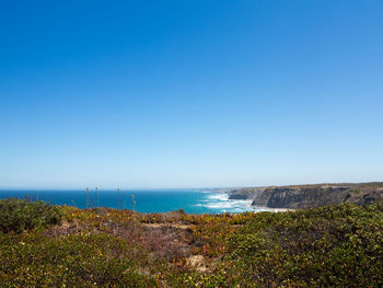 Scenic view of sea against clear blue sky