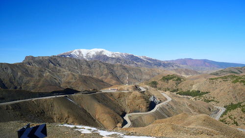 Scenic view of mountains against clear blue sky