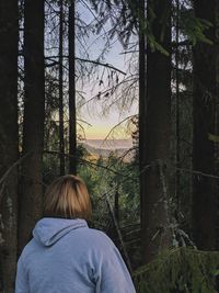 Rear view of woman on tree trunk in forest