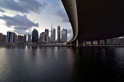 Dubai, uae  dubai skyline from marasi st, dubai business bay, dubai canal, near burj khalifa 