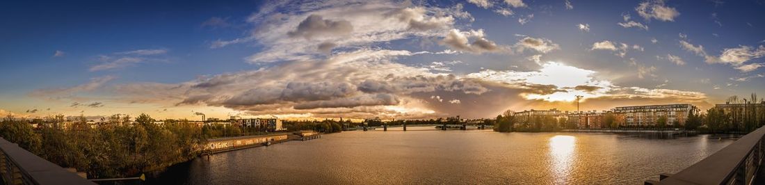 Panoramic view of river against sky at sunset
