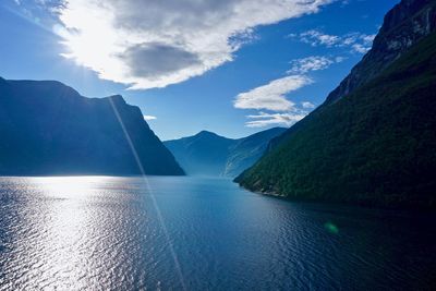Scenic view of lake and mountains against sky