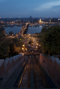 View of budapest at dusk, with the chain bridge in the background.