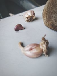 High angle view of garlic pieces on table