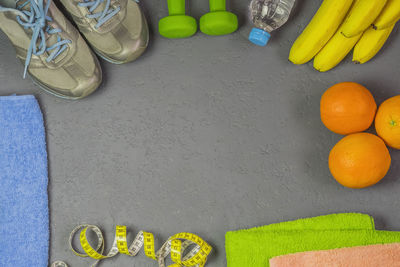 High angle view of various fruits on table
